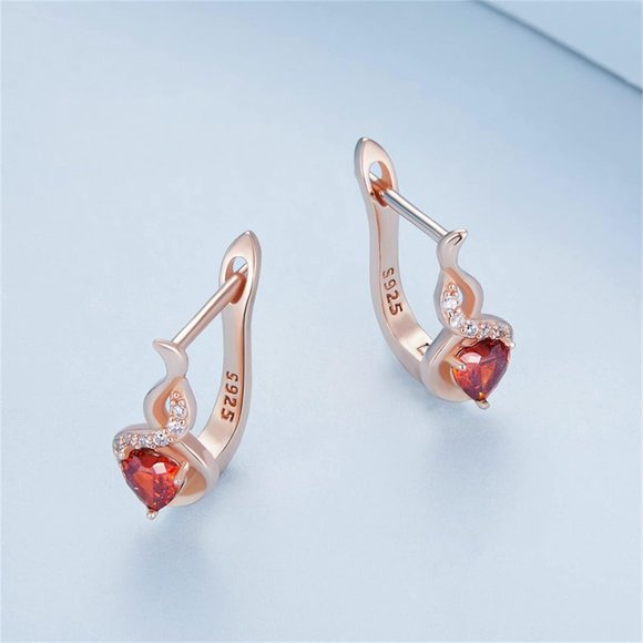 Rose Gold Plated Heart Stud Earrings Red Cubic Zirconia Stone Hoop Stud Dangle - Picture 2 of 5